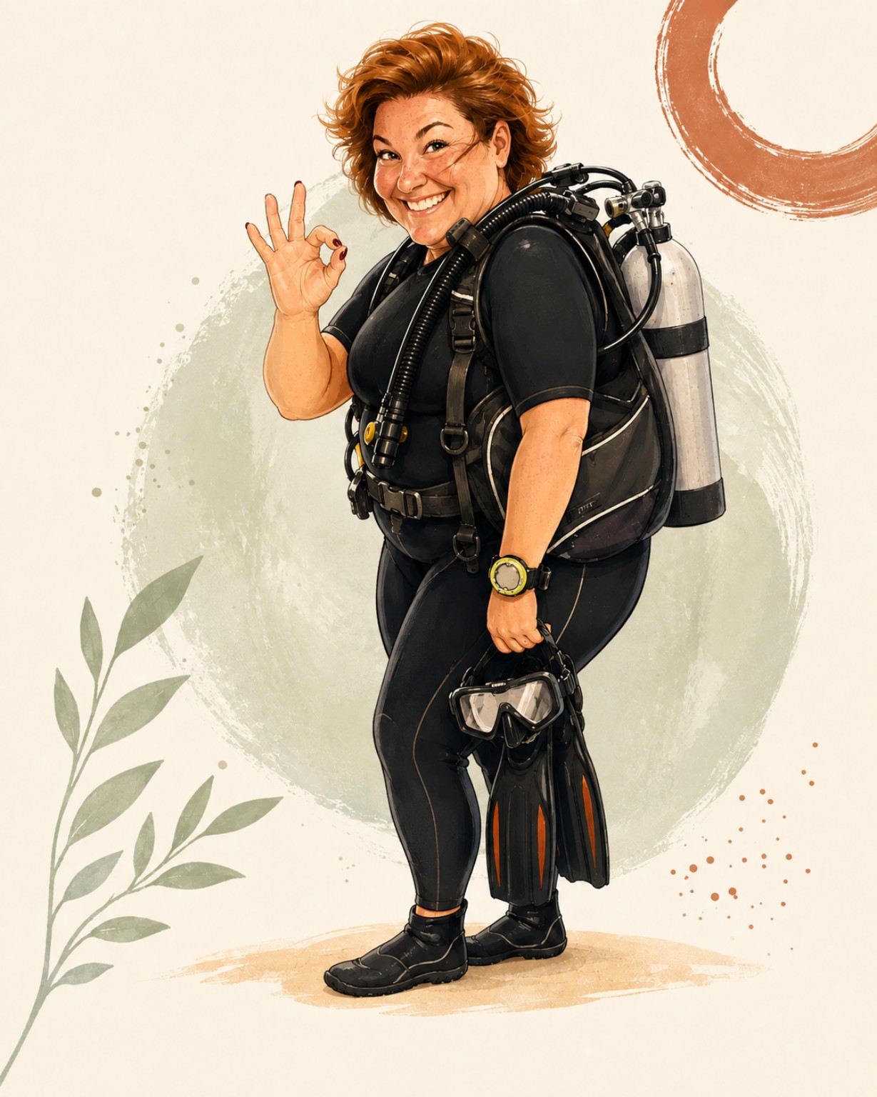 Illustration of Meg smiling in scuba-diving equipment